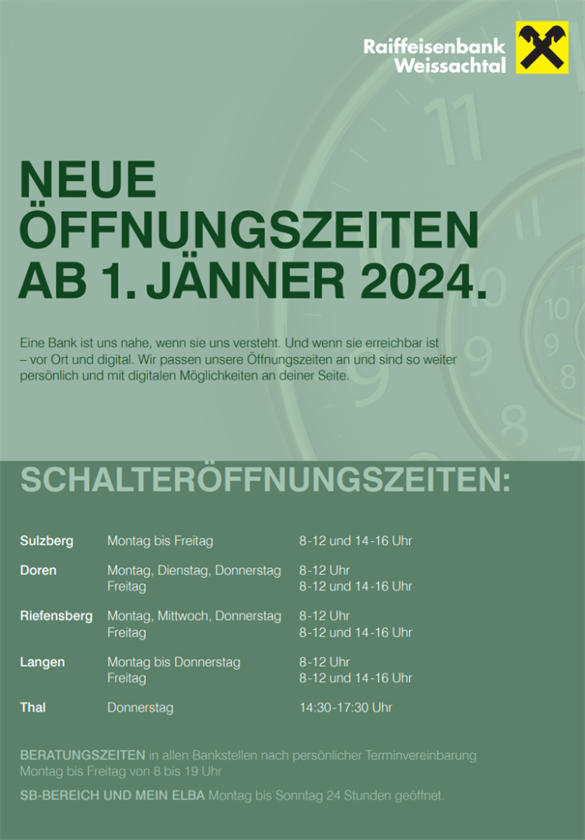 neue Öffnungszeiten ab 01.01.2024 Raiffeisenbank Weissachtal