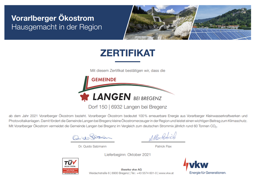 Zertifikat Ökostrom - Gemeinde Langen